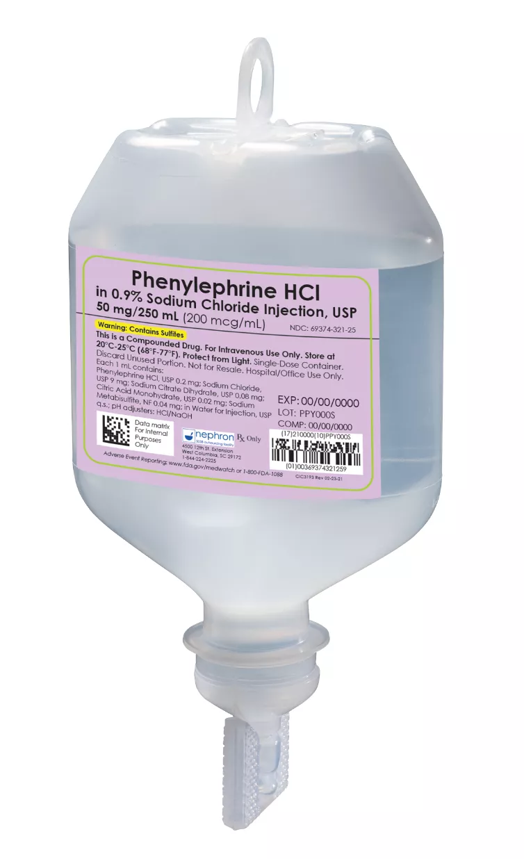 Phenylephrine Hcl In 0 9 Sodium Chloride Usp 50 Mg 250 Ml 0 Mcg Ml Plastic Iv Bottles Nephron Pharmaceuticals